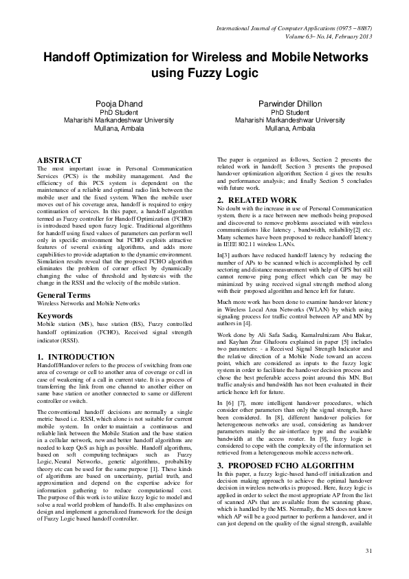 (PDF) Handoff Optimization for Wireless and Mobile Networks using Fuzzy ...