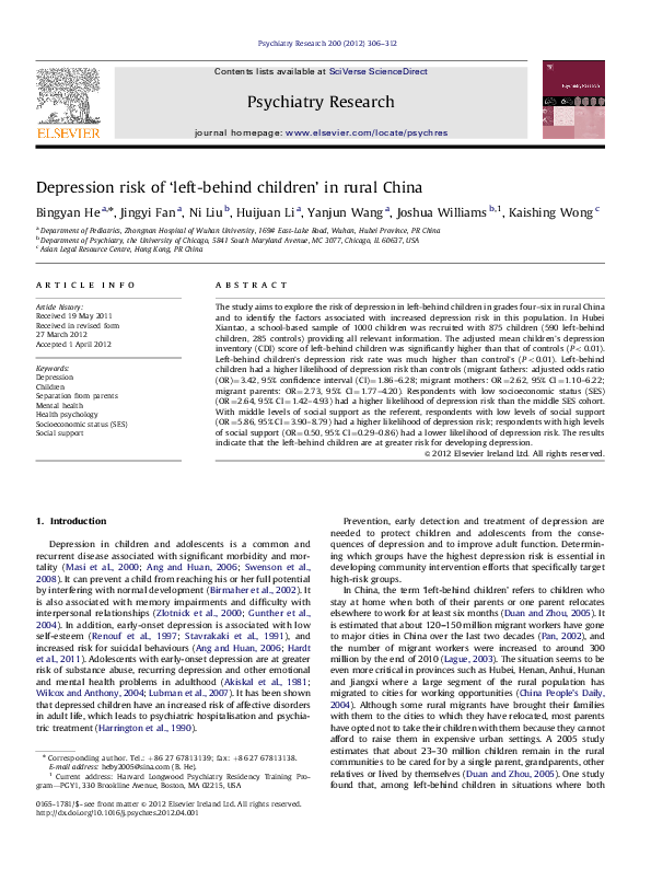 (PDF) Depression risk of ‘left-behind children’ in rural China