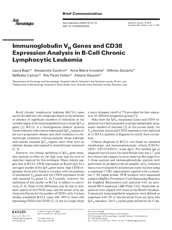 (PDF) Immunoglobulin VH Genes and CD38 Expression Analysis in B-Cell ...