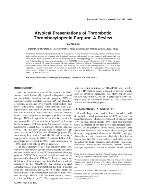 (PDF) Atypical Presentations of Thrombotic Thrombocytopenic Purpura