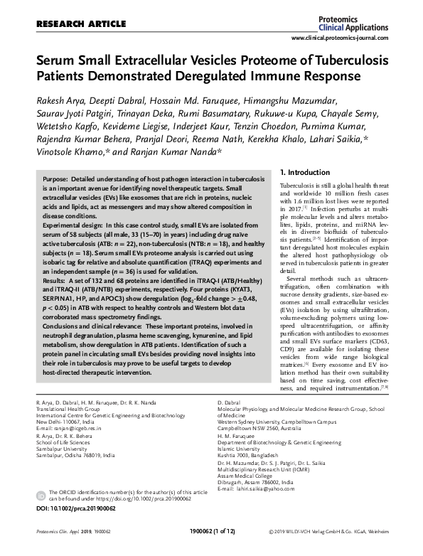 (PDF) Serum Small Extracellular Vesicles Proteome of Tuberculosis ...