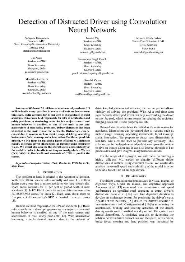 Pdf Detection Of Distracted Driver Using Convolution Neural Network
