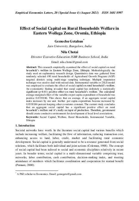 (PDF) Effect of Social Capital on Rural Households Welfare in Eastern ...
