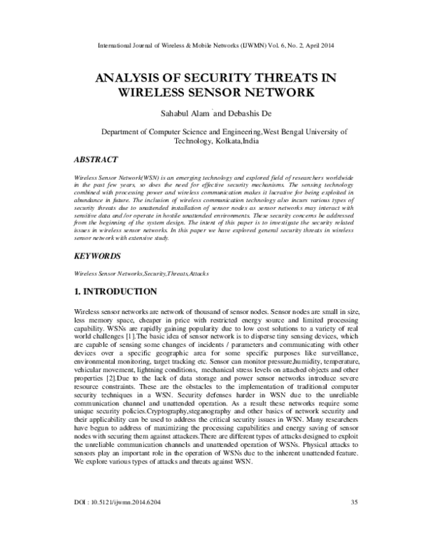 (PDF) Analysis of Security Threats in Wireless Sensor Network