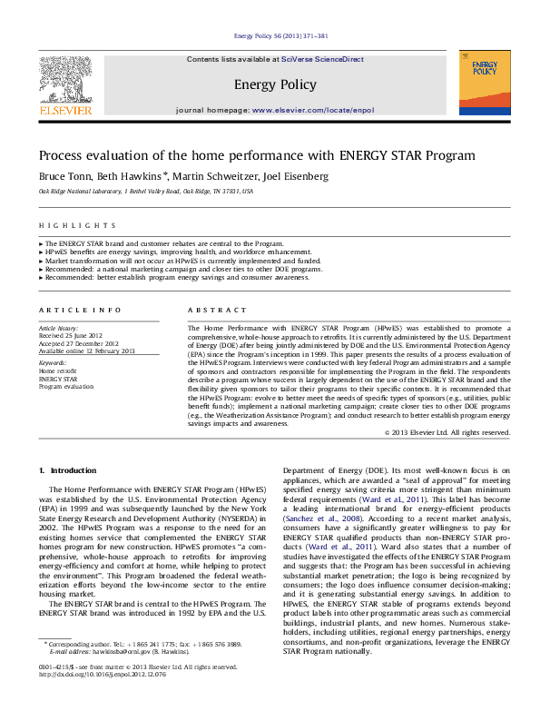 (PDF) Process evaluation of the home performance with ENERGY STAR Program