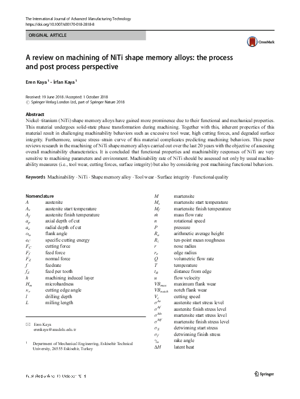(PDF) A review on machining of NiTi shape memory alloys: the process ...