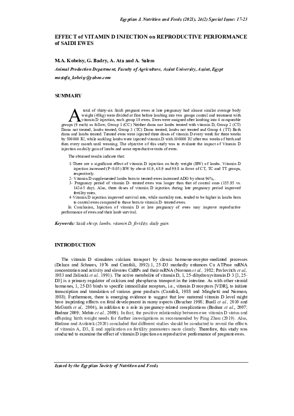 (PDF) EFFECT of VITAMIN D INJECTION on REPRODUCTIVE PERFORMANCE of