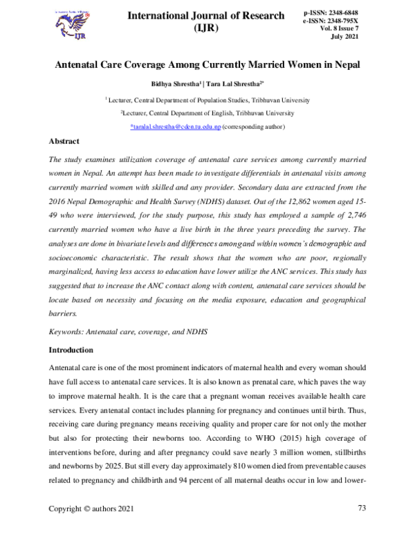 (PDF) Antenatal care coverage among currently married women in Nepal
