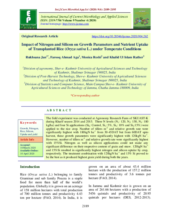 (PDF) Impact of Nitrogen and Silicon on Growth Parameters and Nutrient ...