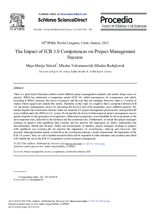 (PDF) The Impact of ICB 3.0 Competences on Project Management Success