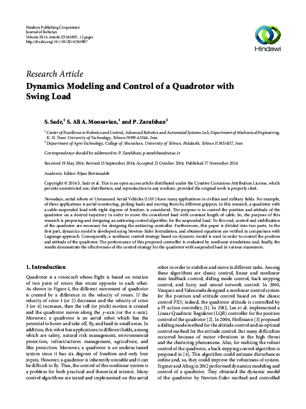 (PDF) Dynamics Modeling and Control of a Quadrotor with Swing Load