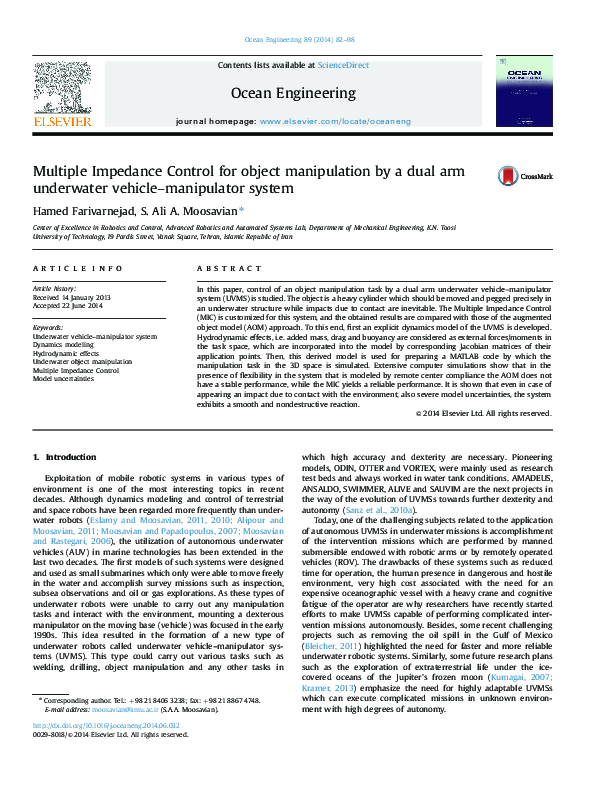 (PDF) Multiple Impedance Control for object manipulation by a dual arm ...