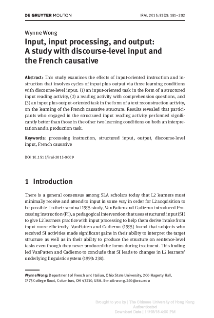 (PDF) Input, input processing, and output: A study with discourse-level ...