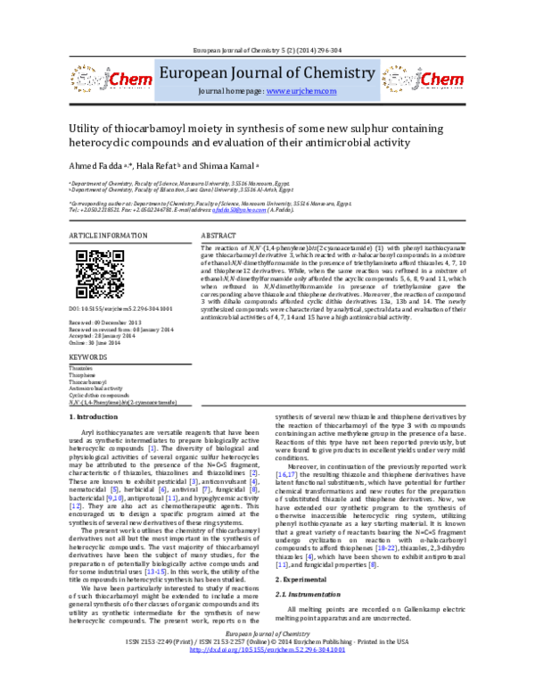 (PDF) Utility of thiocarbamoyl moiety in synthesis of some new sulphur ...