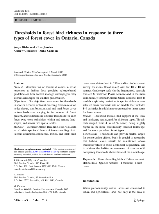 (PDF) Thresholds in forest bird richness in response to three types of ...