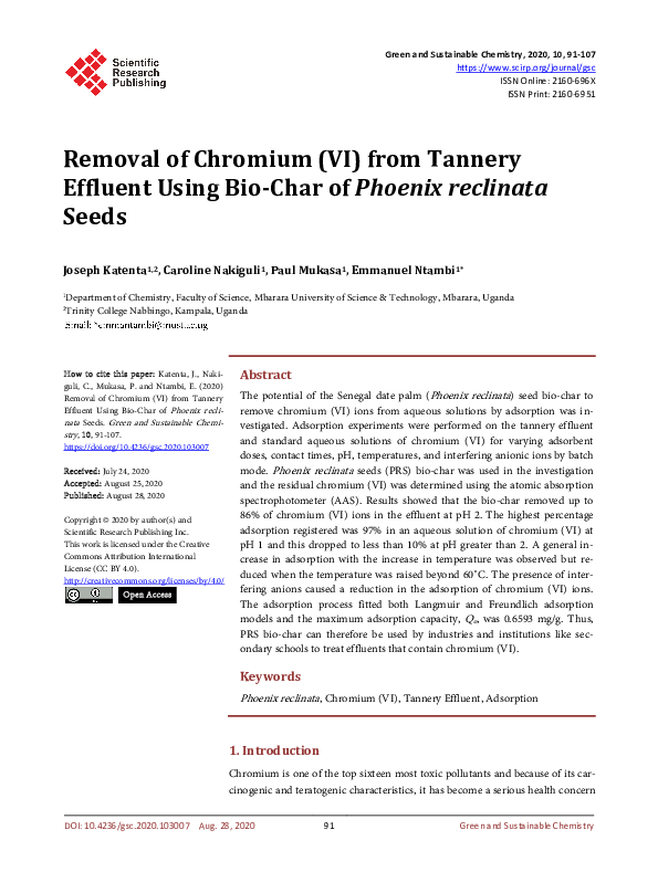 (PDF) Removal of Chromium (VI) from Tannery Effluent Using Bio-Char of ...