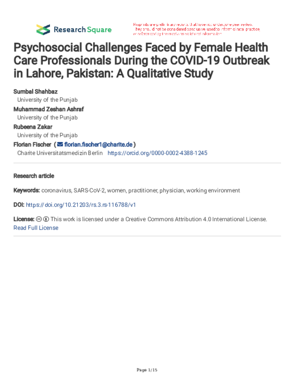 (PDF) Psychosocial Challenges Faced by Female Health Care Professionals ...
