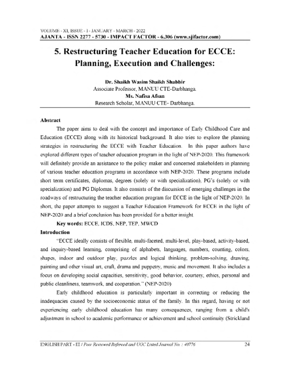 (PDF) Restructuring Teacher Education for ECCE Planning, Execution and ...