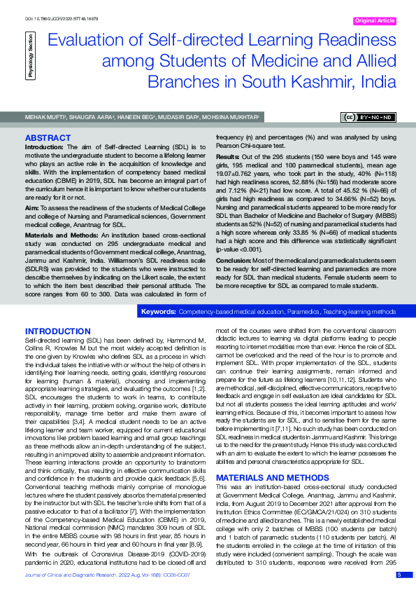 (PDF) Evaluation of Self-directed Learning Readiness among Students of ...