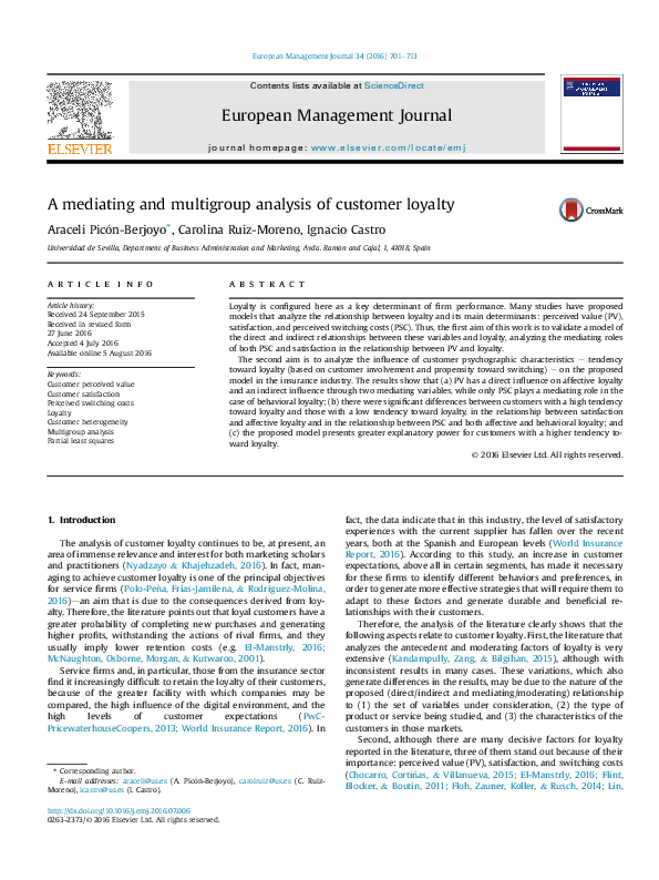 (PDF) A mediating and multigroup analysis of customer loyalty Ignacio