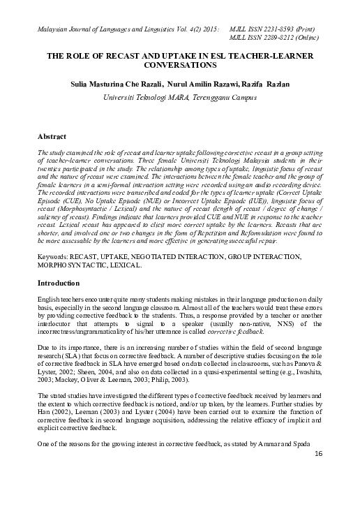 (PDF) The Role of Recast and Uptake in Esl Teacher-Learner Conversations
