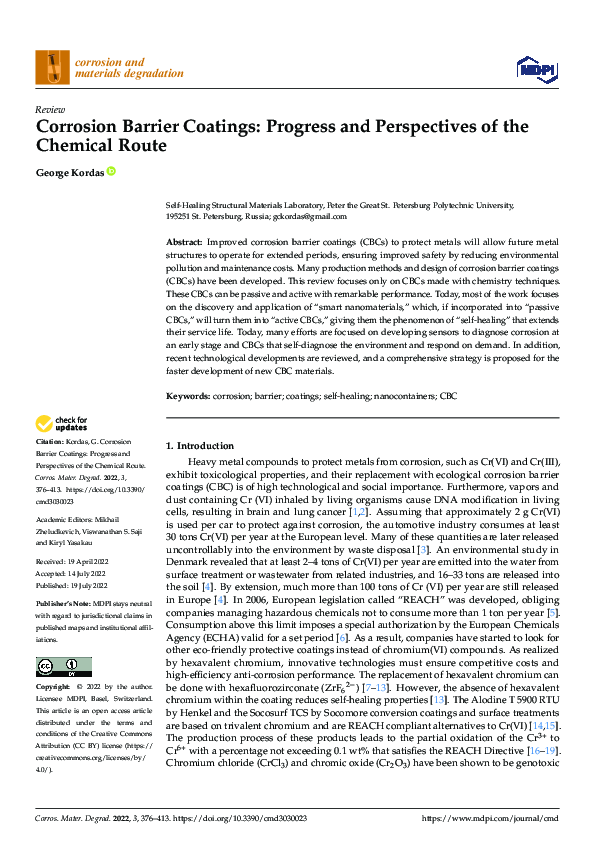 (PDF) Corrosion Barrier Coatings: Progress and Perspectives of the ...