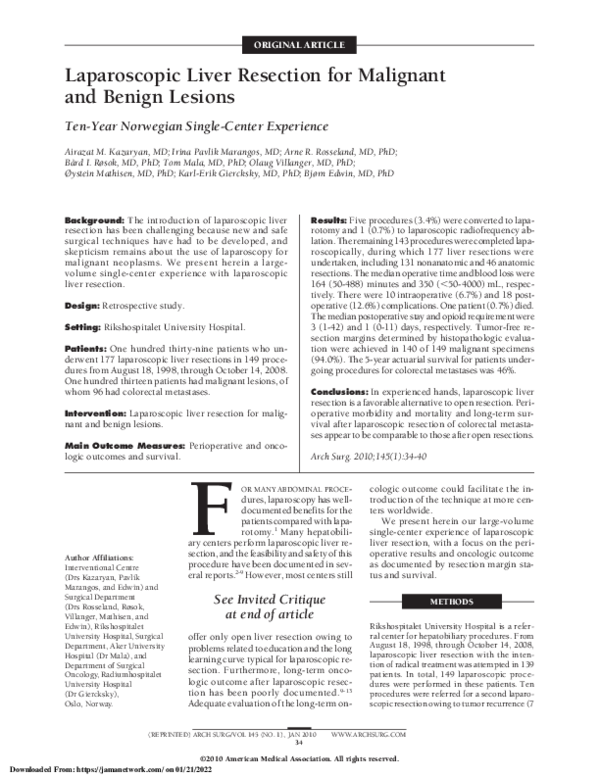 (PDF) Laparoscopic Liver Resection for Malignant and Benign Lesions