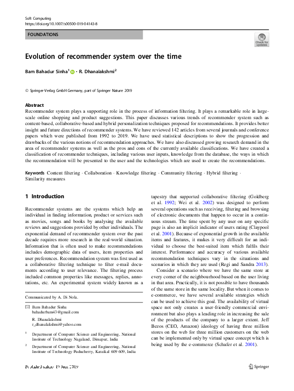 (PDF) Evolution of recommender system over the time