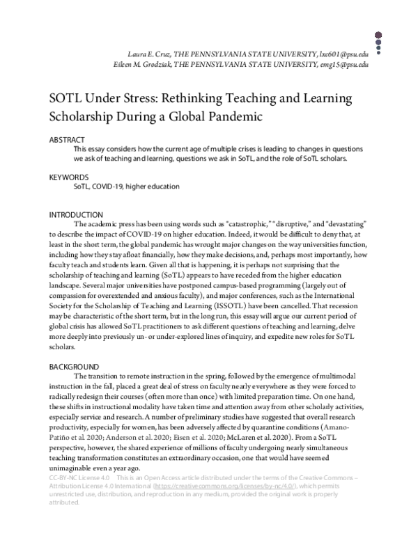 (PDF) SOTL under STRESS: Rethinking Teaching and Learning Scholarship ...