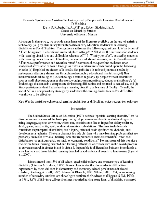 (PDF) Research Synthesis on Assistive Technology use by People with ...