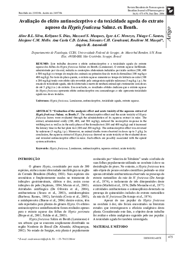 (PDF) Avaliação do efeito antinociceptivo e da toxicidade aguda do ...