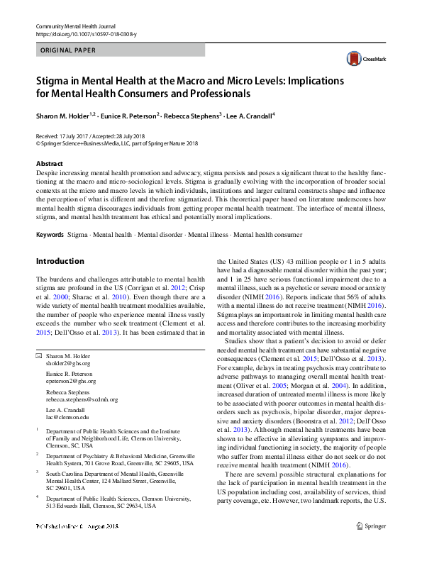 (PDF) Stigma in Mental Health at the Macro and Micro Levels ...