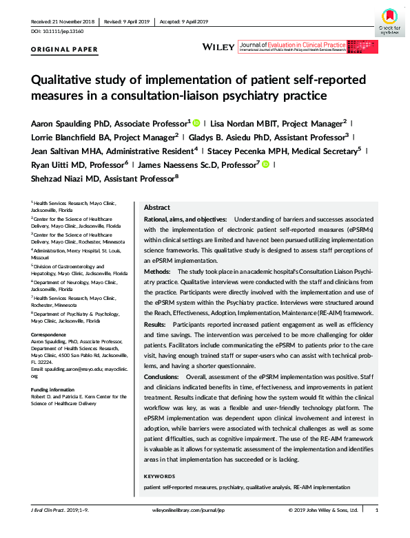 (PDF) Qualitative study of implementation of patient self‐reported ...