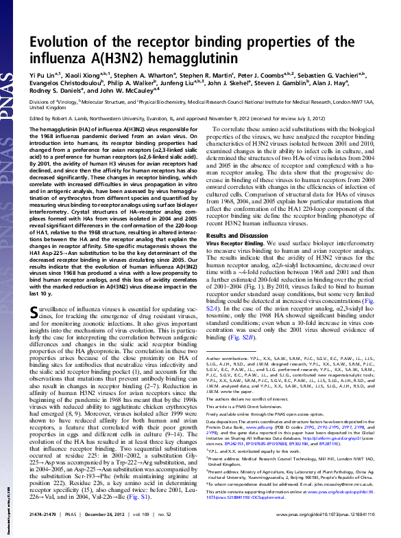 (PDF) Evolution of the receptor binding properties of the influenza A ...
