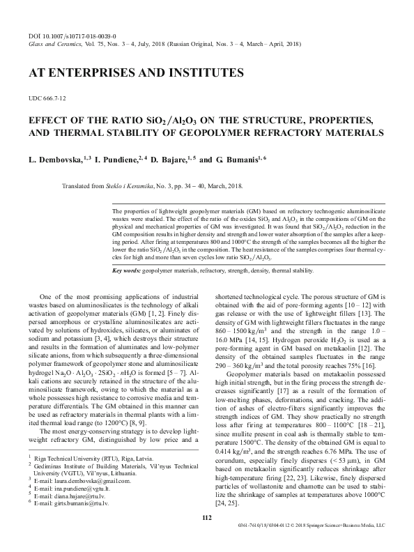 (PDF) Effect of the Ratio SiO2/Al2O3 on the Structure, Properties, and ...