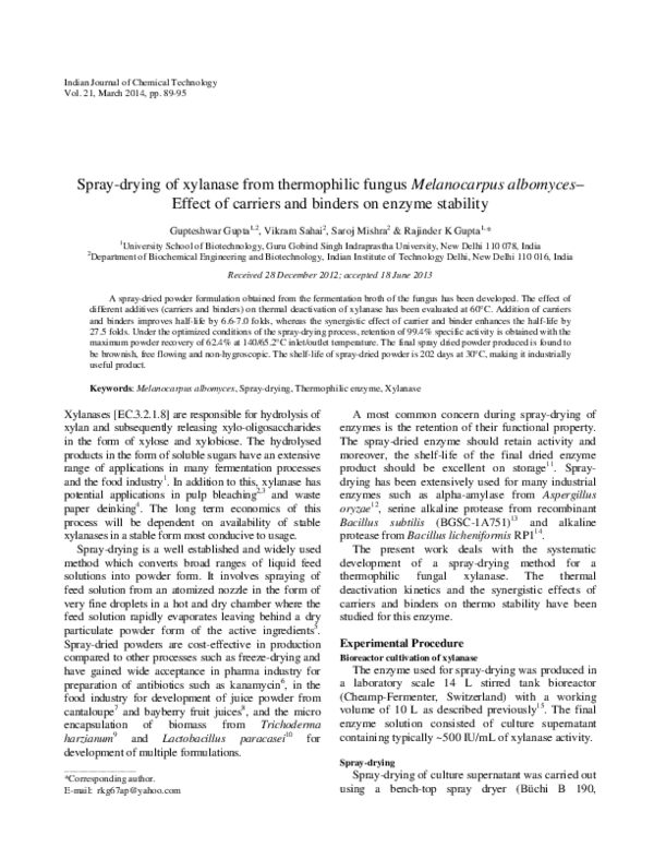 (PDF) Spraydrying of xylanase from thermophilic fungus Melanocarpus