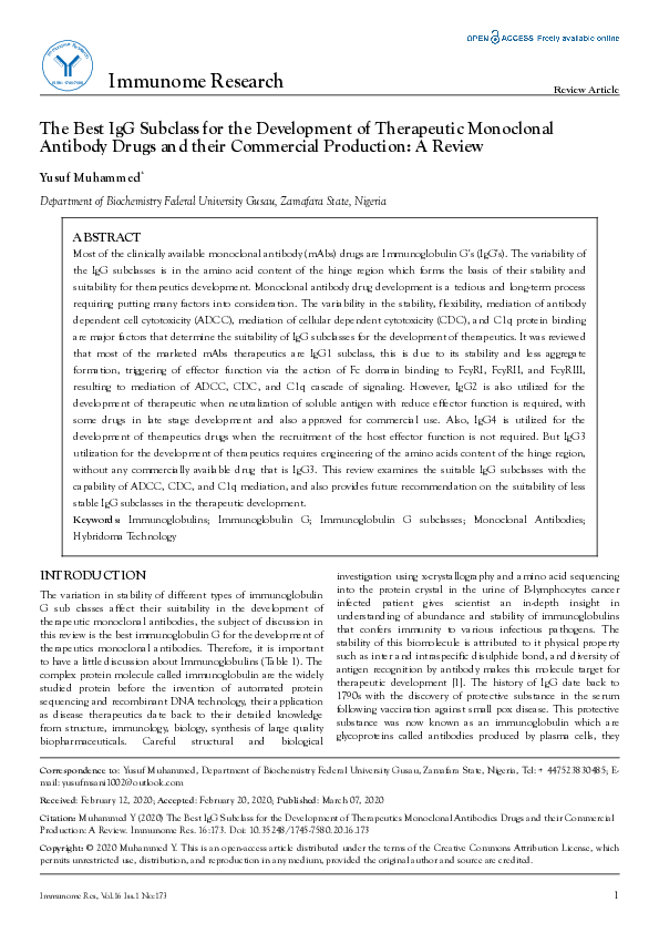 (PDF) The Best IgG Subclass for the Development of Therapeutic ...