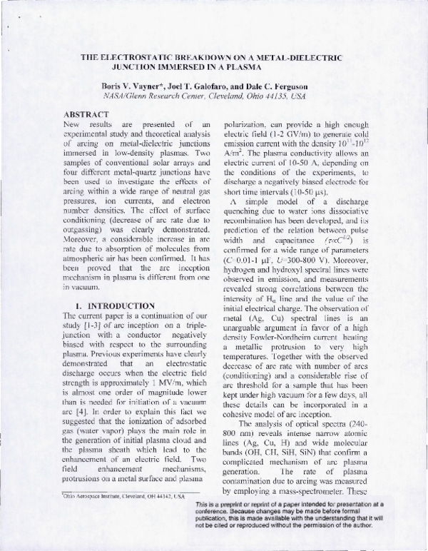(PDF) The electrostatic breakdown on a metal-dielectric junction ...