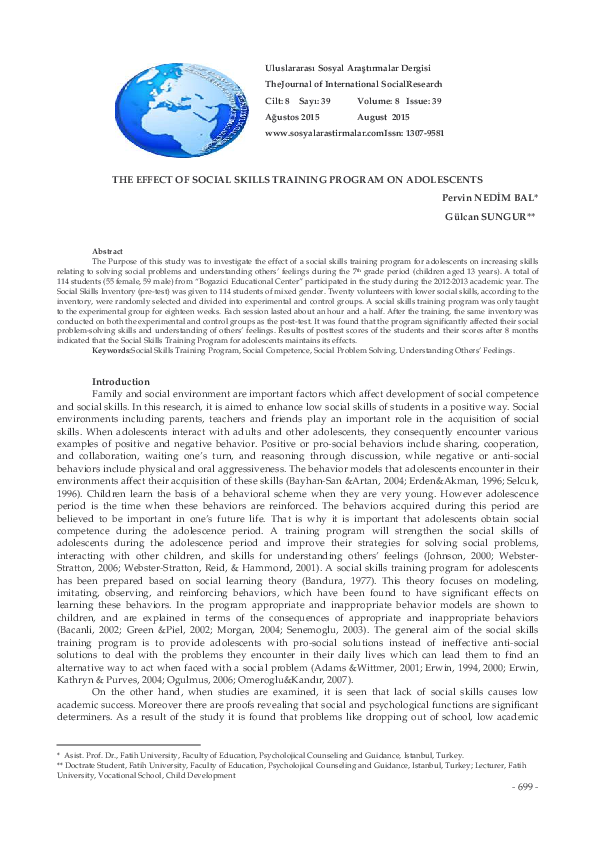 (PDF) The Effect of Social Skills Training Program on Adolescents