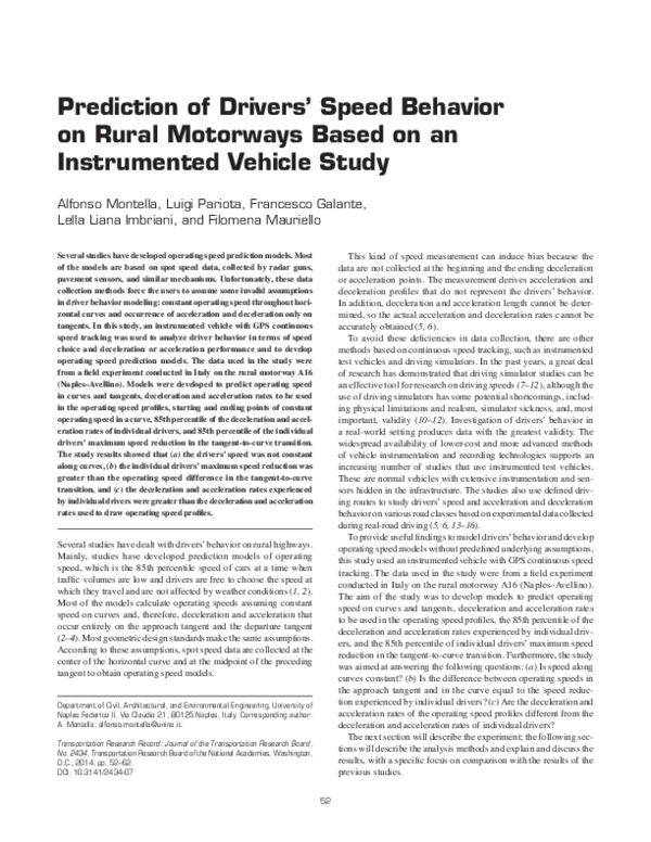 (PDF) Prediction of Drivers’ Speed Behavior on Rural Motorways Based on ...