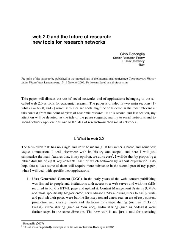 (PDF) Web 2.0 and the Future of Research: New Tools for Research Networks
