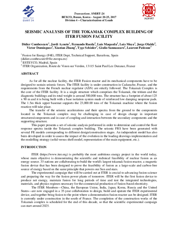 (PDF) Seismic Analysis of the Tokamak Complex Building of Iter Fusion ...