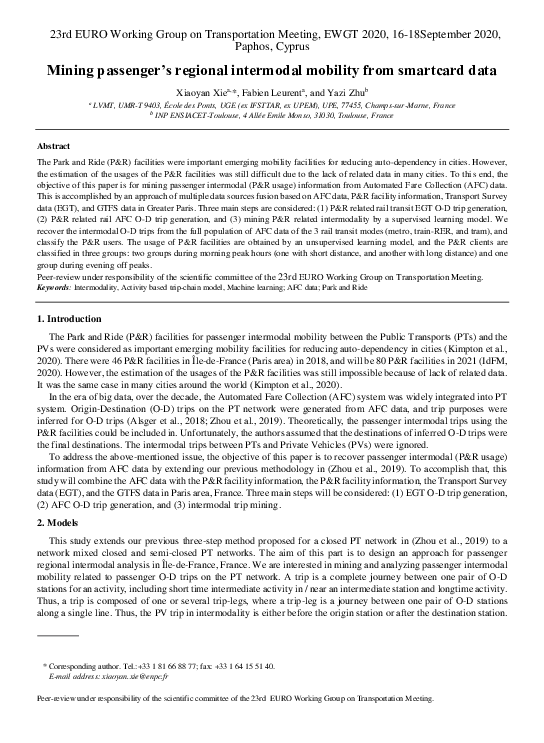 (PDF) Mining passenger’s regional intermodal mobility from smartcard data