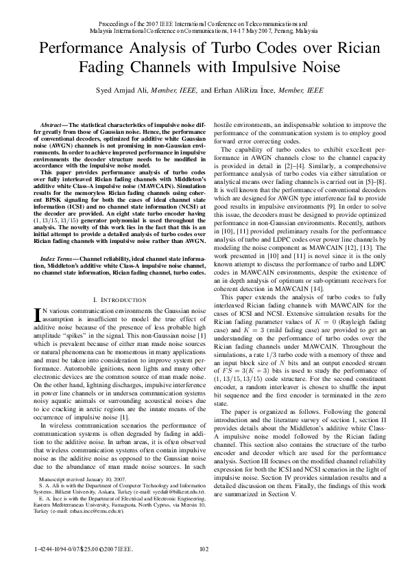 (PDF) Performance analysis of turbo codes over Rician fading channels ...