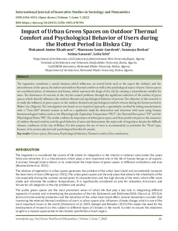 (PDF) Impact of Urban Green Spaces on Outdoor Thermal Comfort and ...