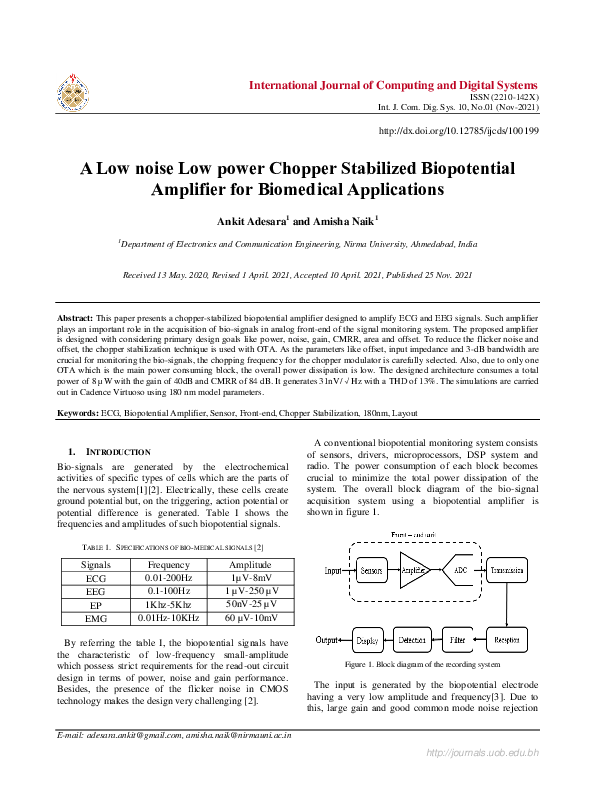 (PDF) A Low noise Low power Chopper Stabilized Biopotential Amplifier for Biomedical
