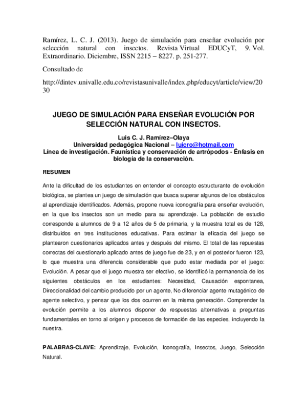 (PDF) Juego De Simulación Para Enseñar Evolución Por Selección Natural ...