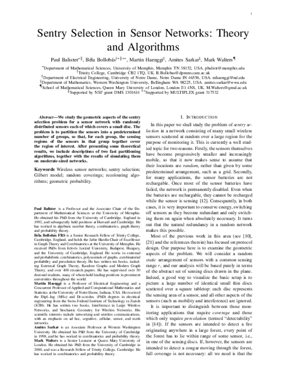 (PDF) Sentry selection in sensor networks: theory and algorithms