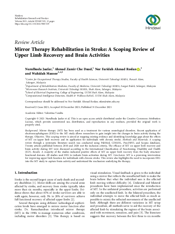 (PDF) Mirror Therapy Rehabilitation in Stroke A Scoping Review of Upper Limb Recovery and Brain