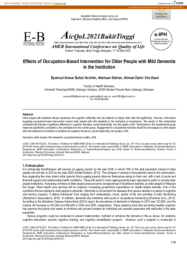 (PDF) Effects of Occupation-Based Intervention for Older People with ...